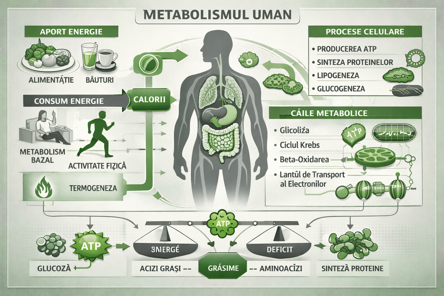 Scientific visualization of human metabolism showing energy balance, cellular processes, and metabolic pathways with green and gray color scheme, professional medical illustration style