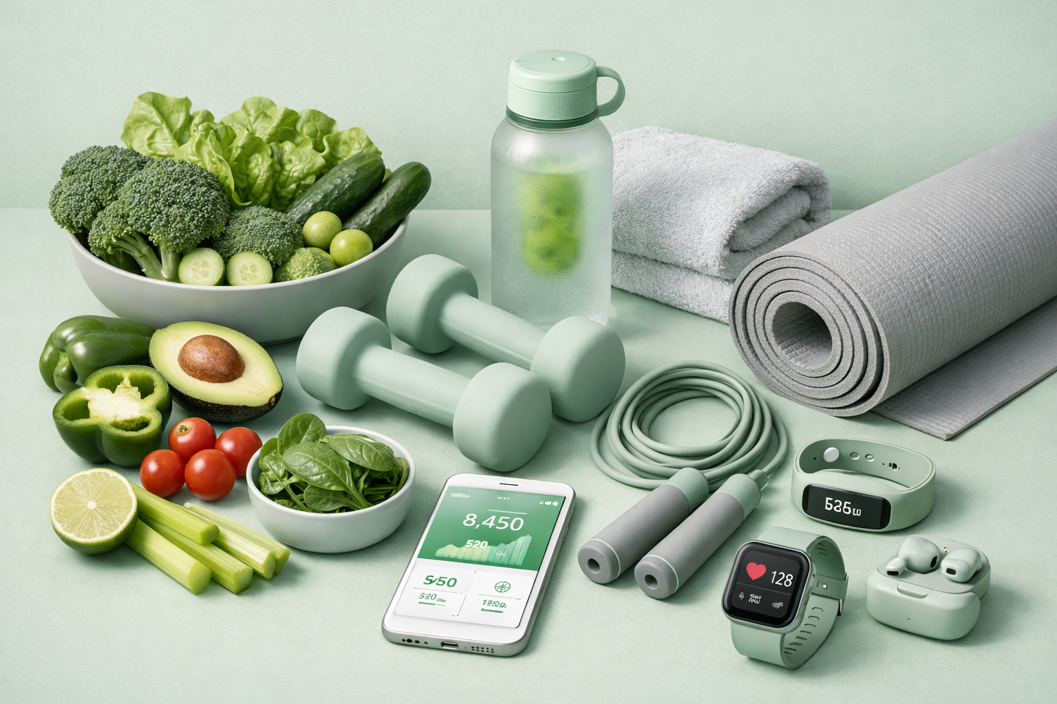 Healthy lifestyle composition showing fresh vegetables, workout equipment, water bottle, and fitness tracking elements in pastel green and gray tones, clean modern photography